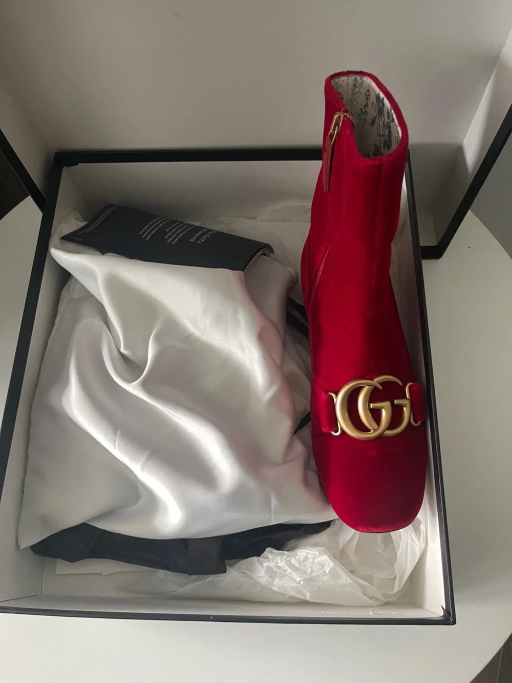 Gucci Red Velvet Ankle Boot with Gold Double-G Accent -Marmont